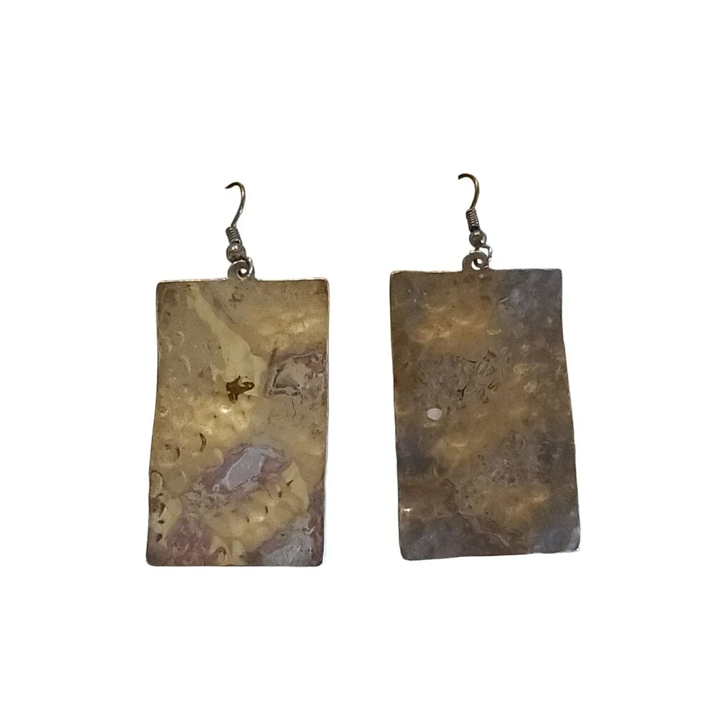 Vitage Solid 925 Sterling Silver Hammered Rectangle Hook Earrings